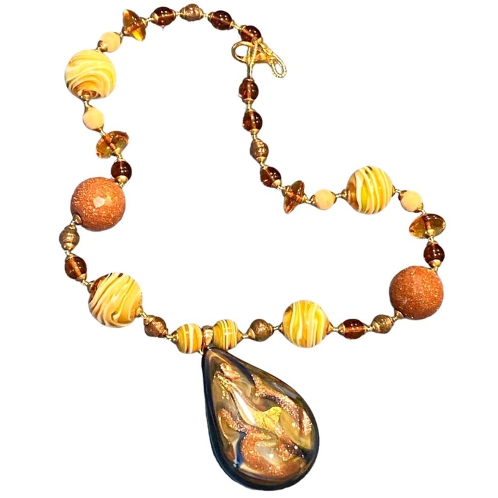 MURANO 24k Gold & Copper Infused Teadrop Pendant Venetian Glass Beads Necklace